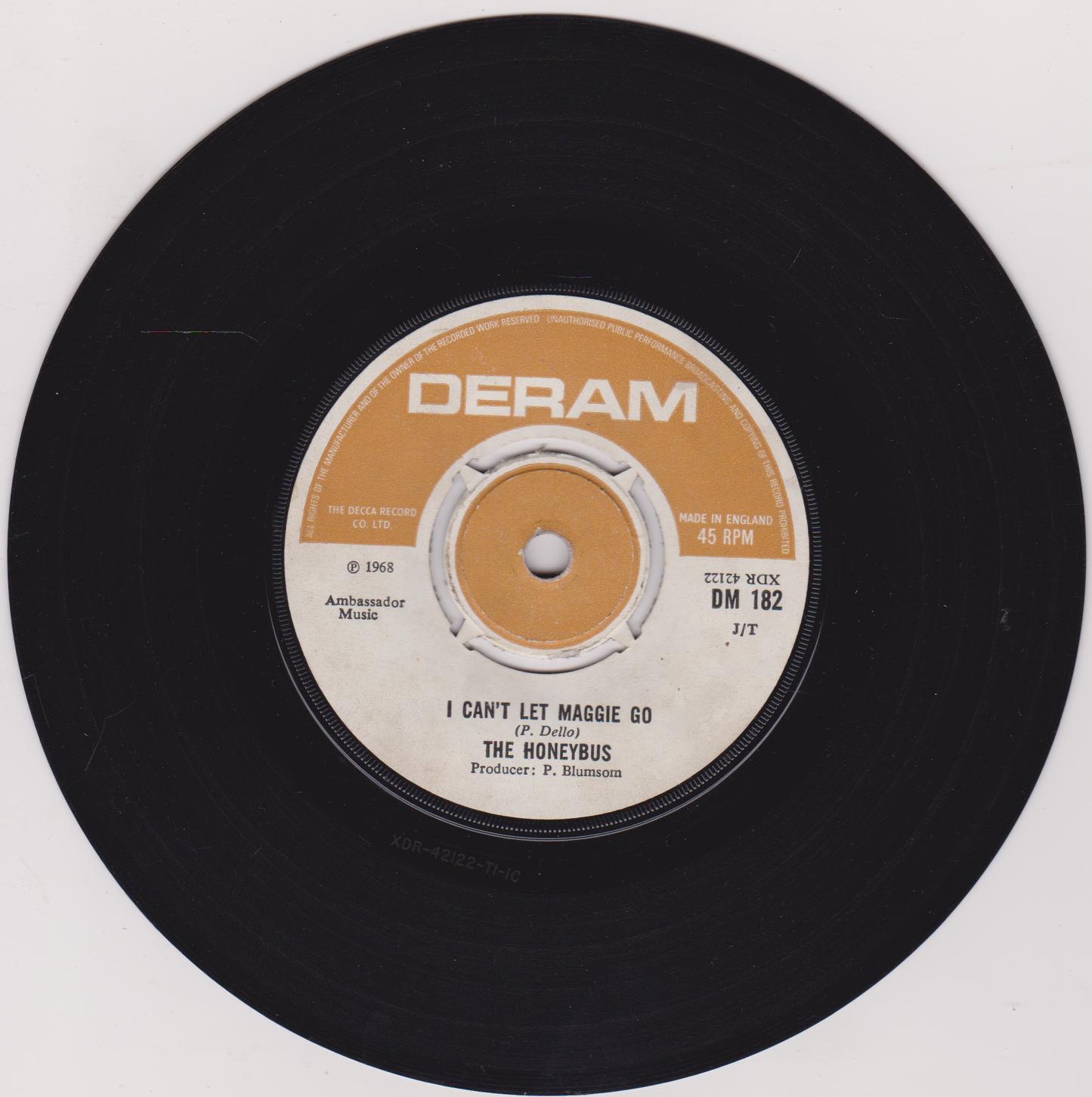 Vinyl record with Deram label on a white background