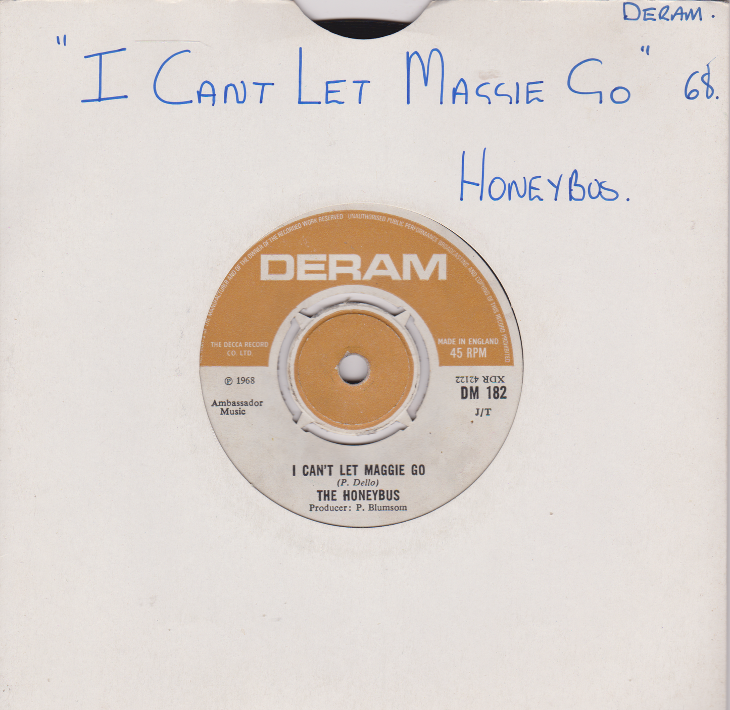Record label with 'I Can't Let Maggie Go' by The Honeybus on a white background