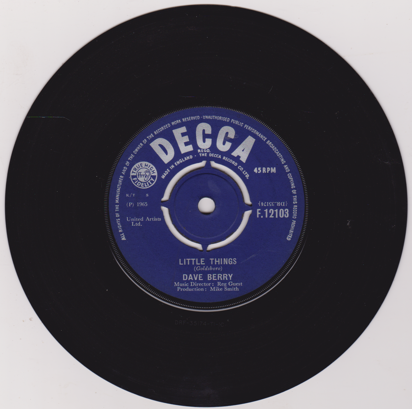 Black vinyl record with a blue label featuring 'Decca' branding on a white background