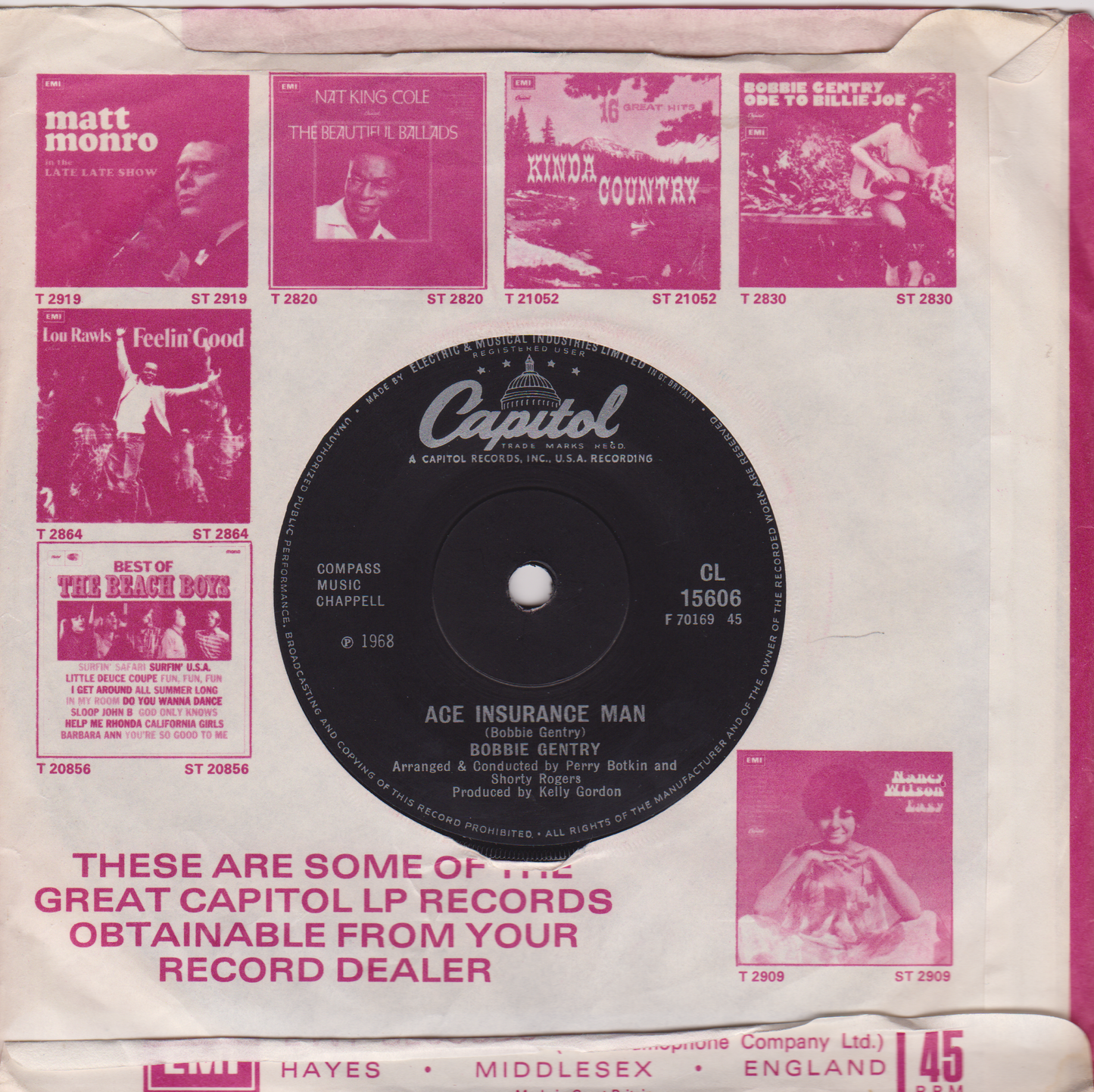 Capitol Records record sleeve with promotional text and album covers on a pink background