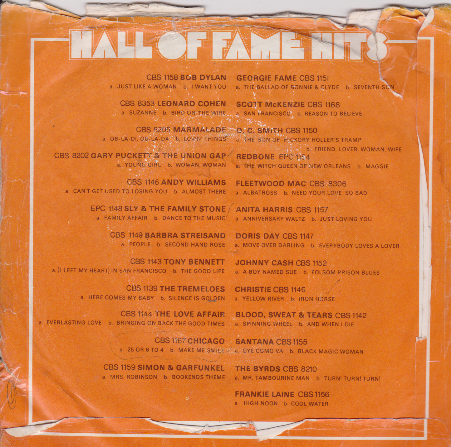 Back cover of a vinyl record with 'Hall of Fame Hits' text and song list on an orange background.