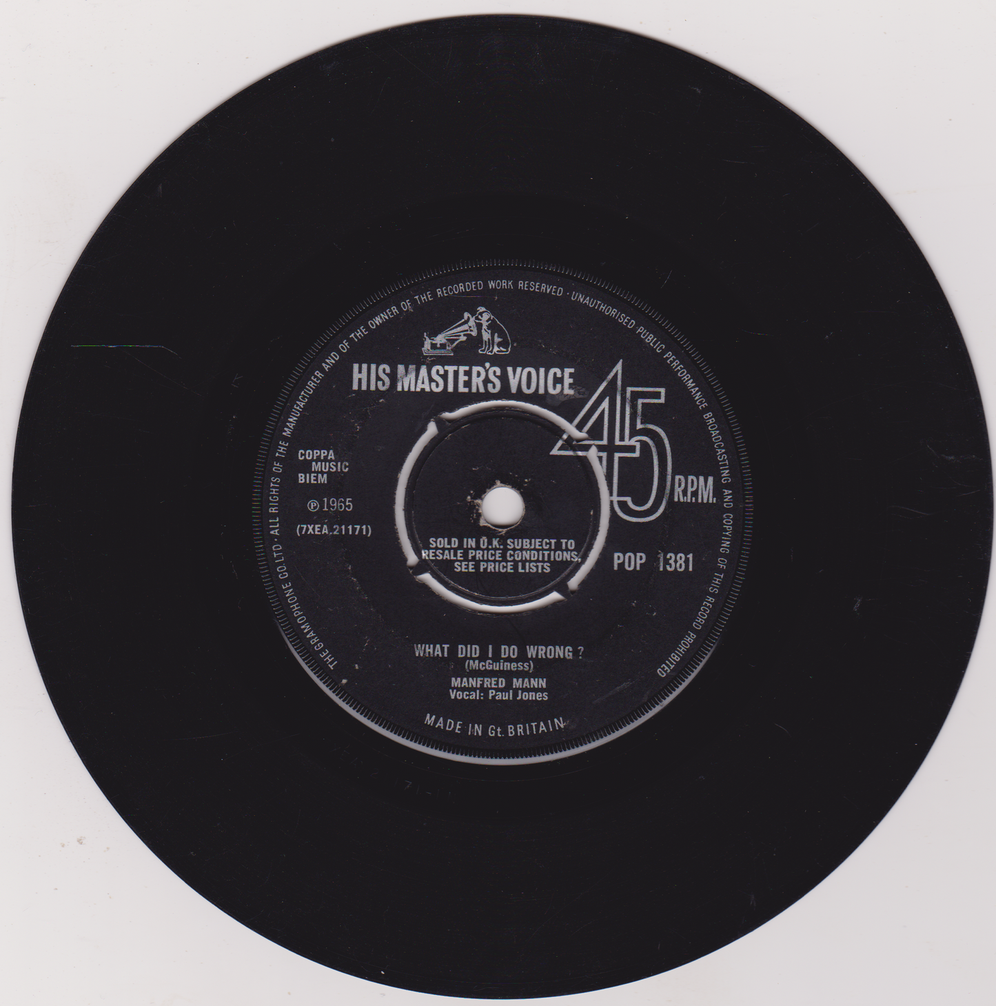 Vinyl record label with 'His Master's Voice' logo on a white background