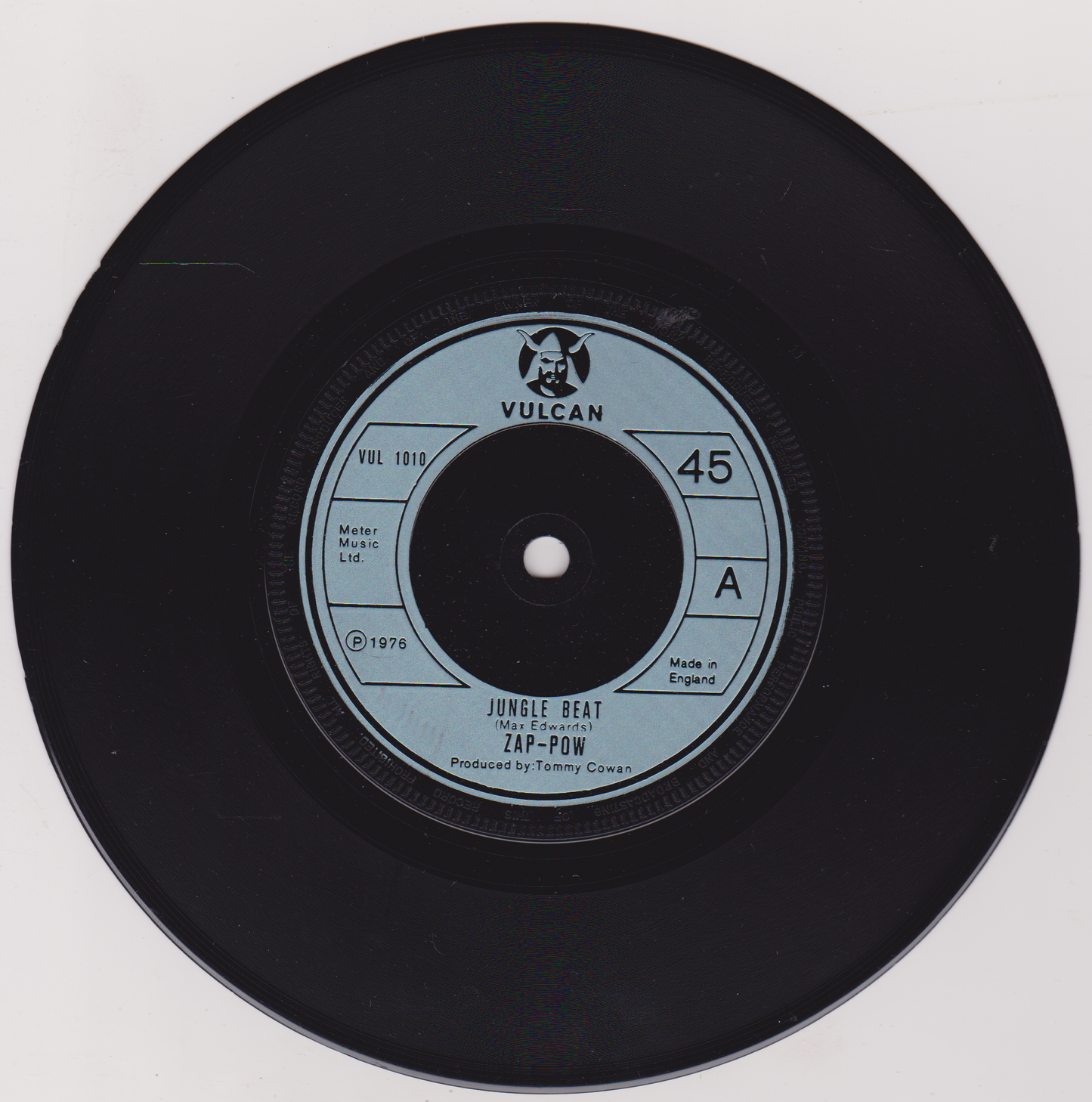 Black vinyl record with a visible label on a white background