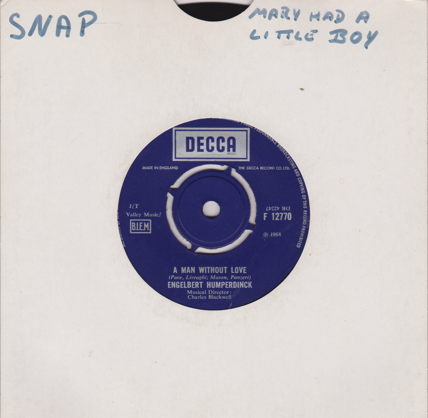 Engelbert Humperdinck – A Man Without Love (Decca, 1968) 7" vinyl single VG/-