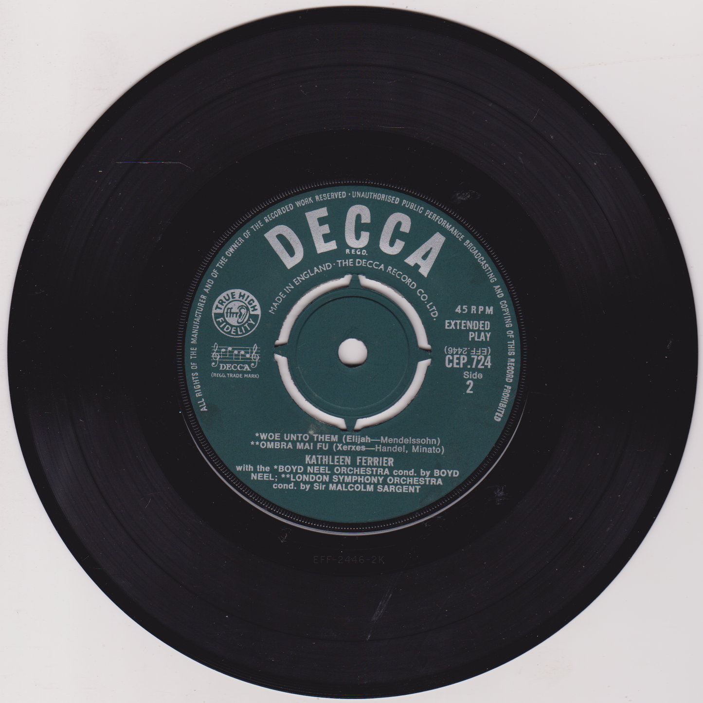 Decca record label on a black vinyl record with a white background