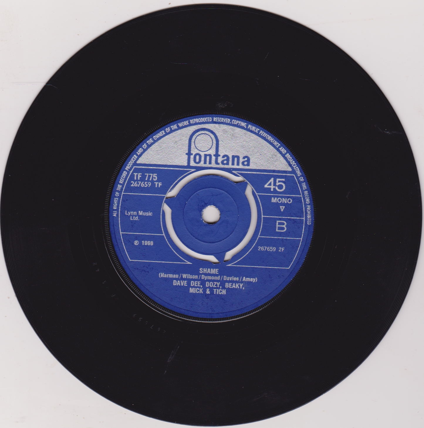 Black vinyl record with blue label featuring 'Fontana' branding on a white background