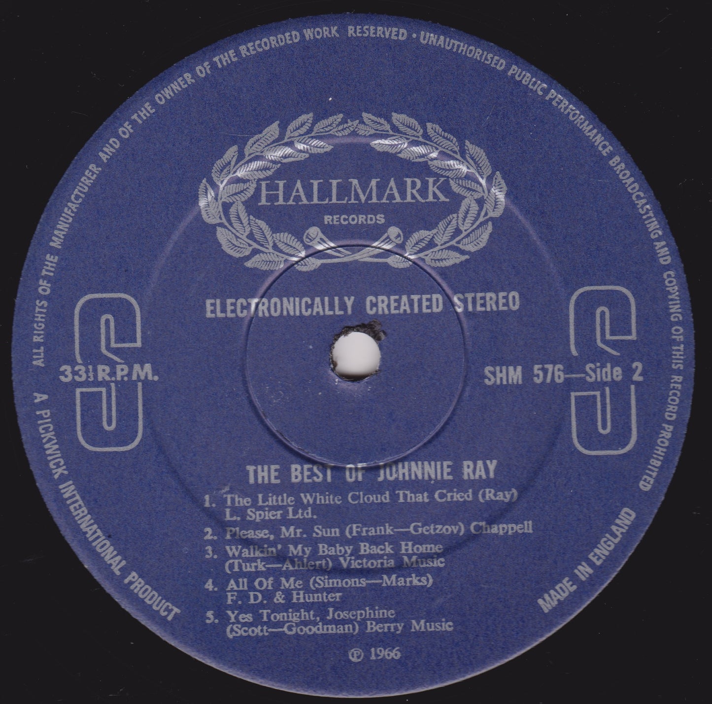 Hallmark Records vinyl record label with text and music track listing on a blue background