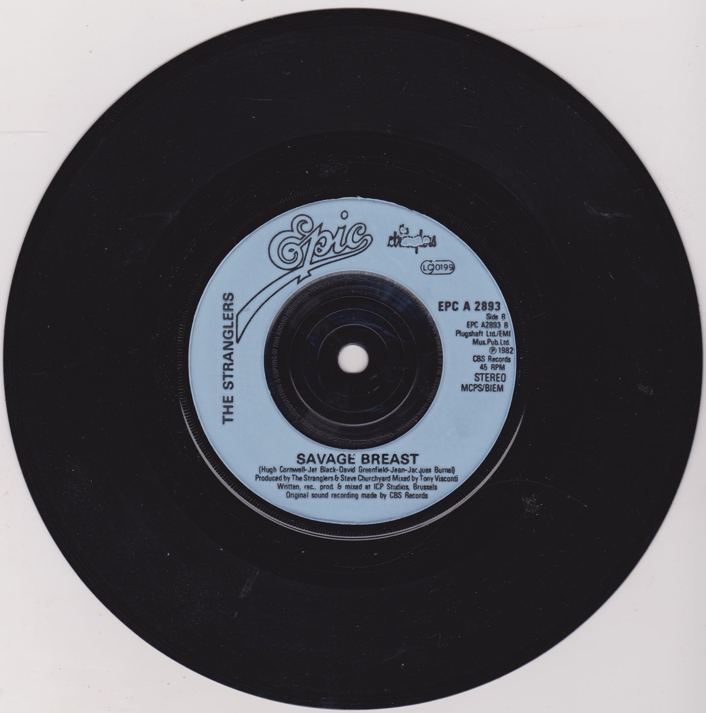 Vinyl record with a blue label featuring 'Epic' and 'The Stranglers' on a white background