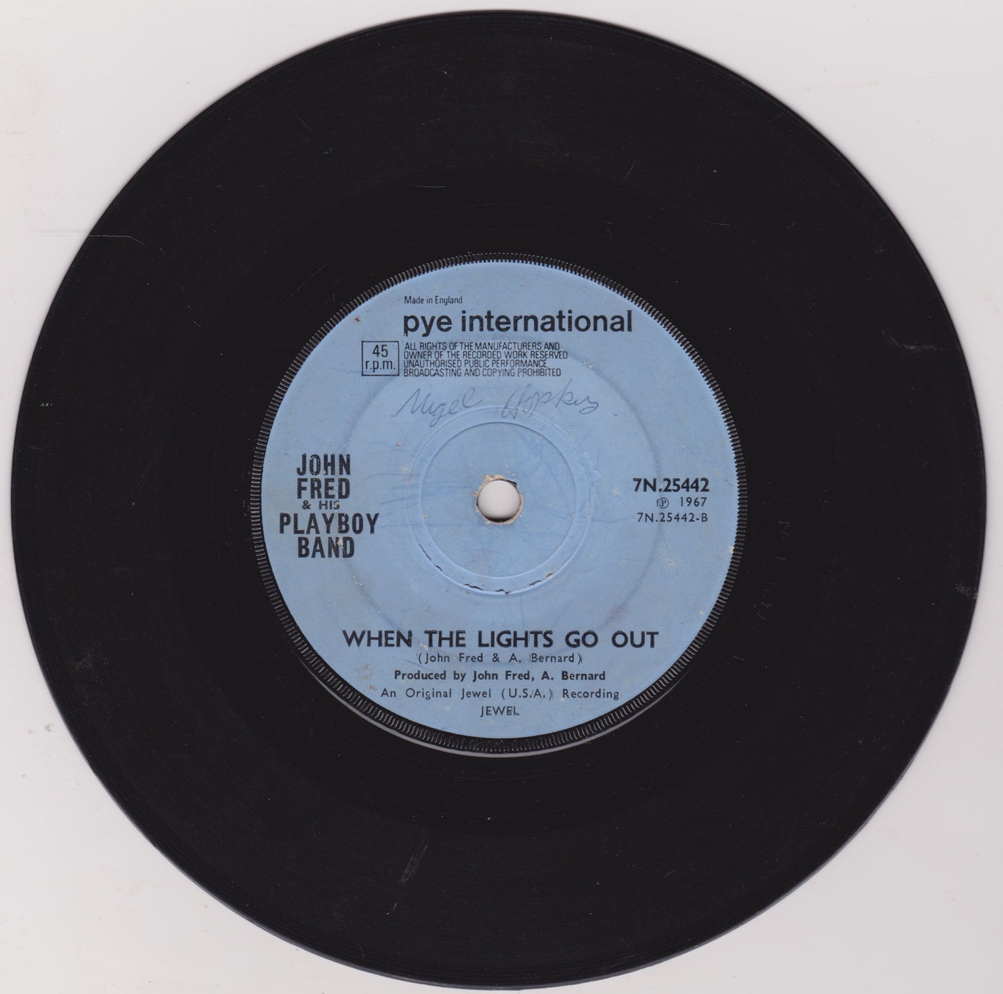 Record label of a vinyl record with text and branding