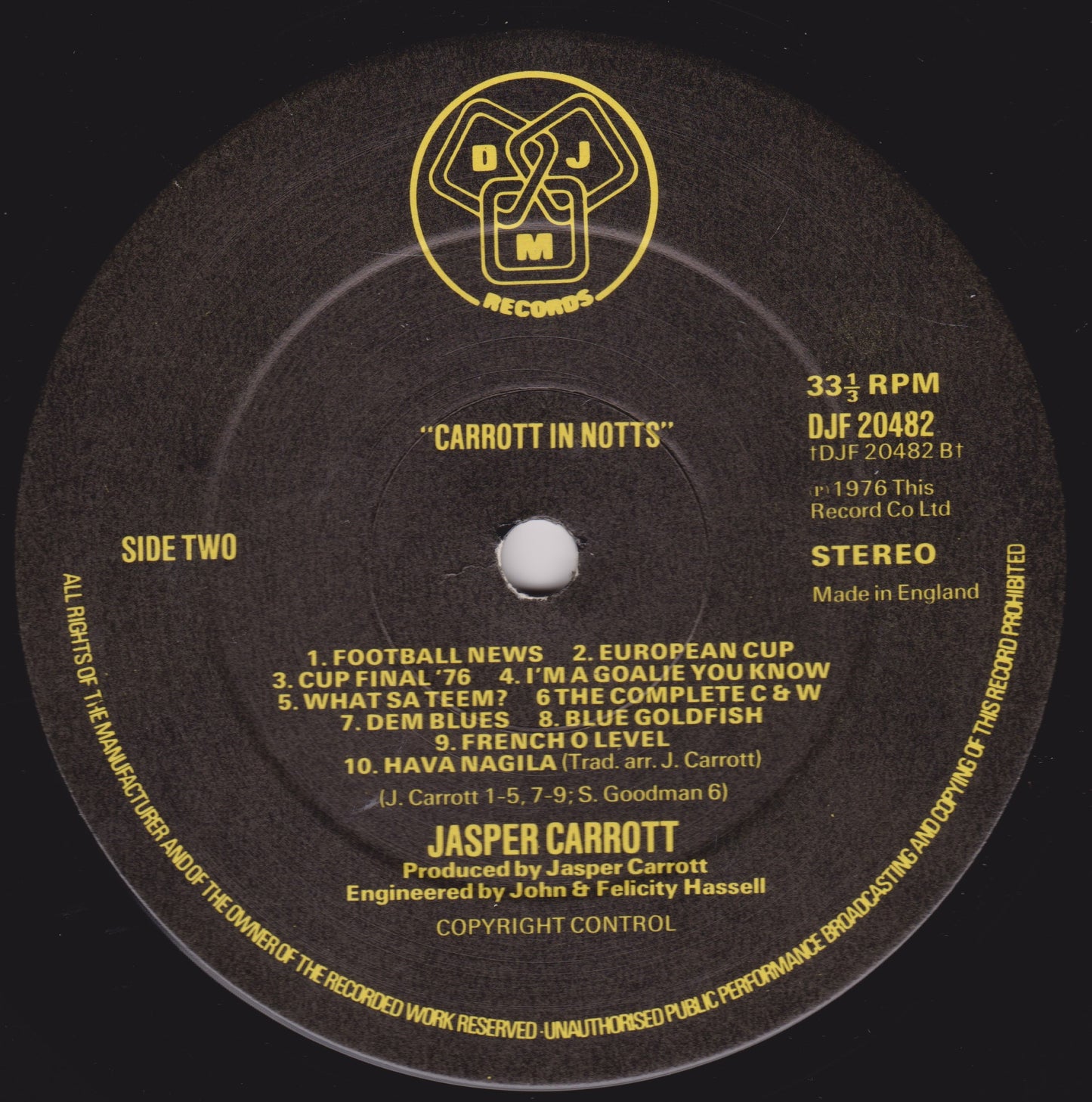 Record label with text and a logo on a black background