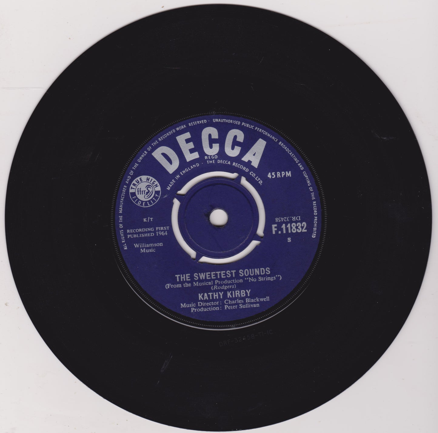 Black vinyl record with a blue Decca label on a white background