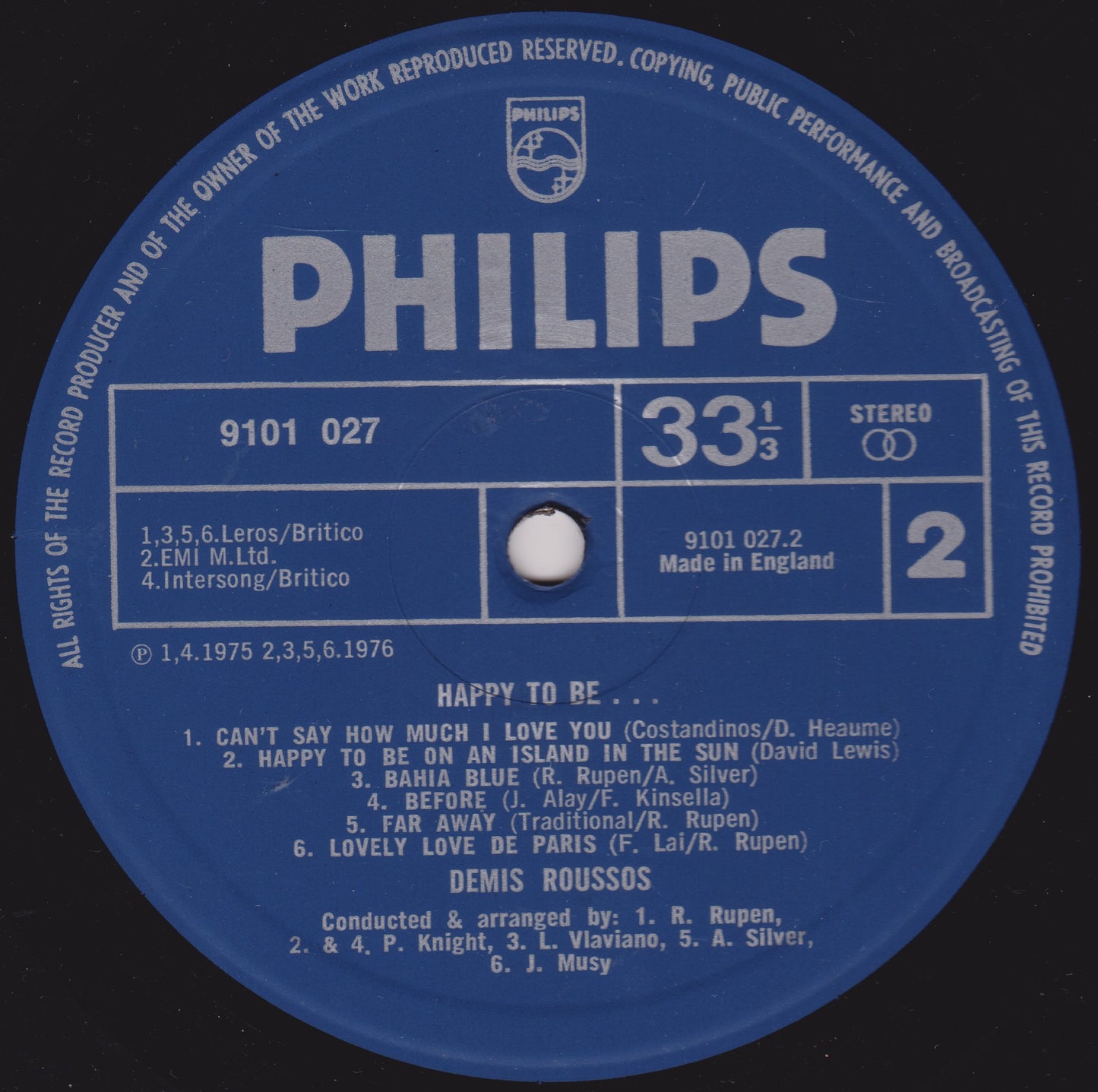 Demis Roussos – Happy To Be... (Philips 1976) 12" vinyl LP VG/VG