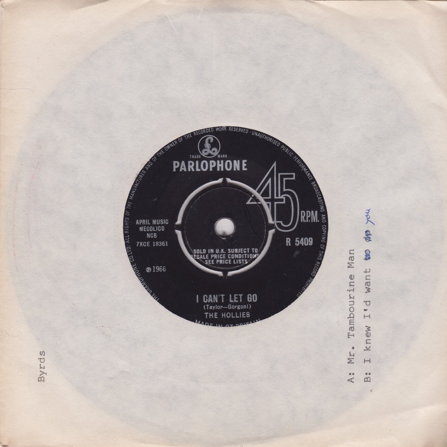 The Hollies – I Can't Let Go (Parlophone 1966) 7" vinyl single G+/-