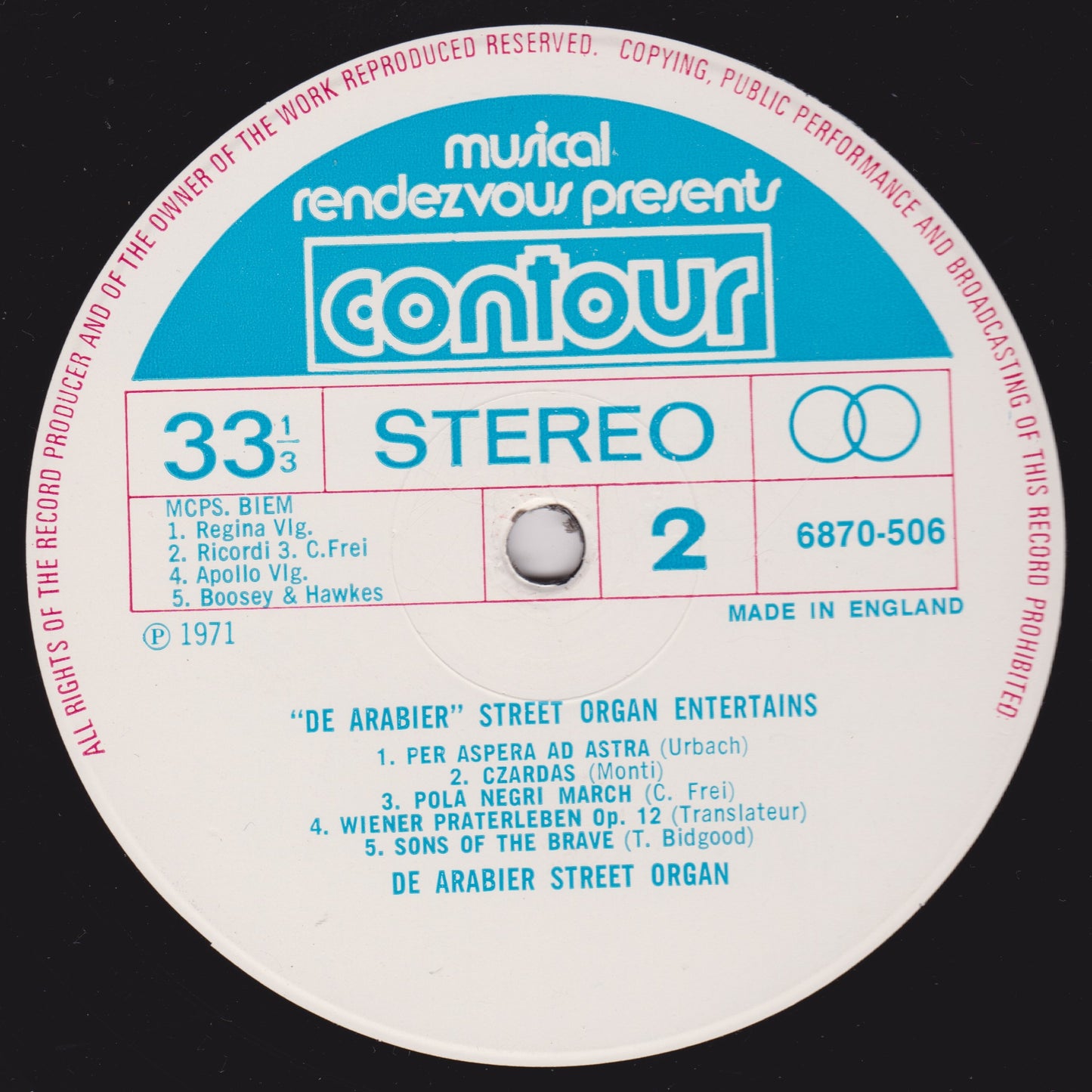 De Arabier – Street Organ Entertains (Contour 1971) 12" vinyl LP VG/VG