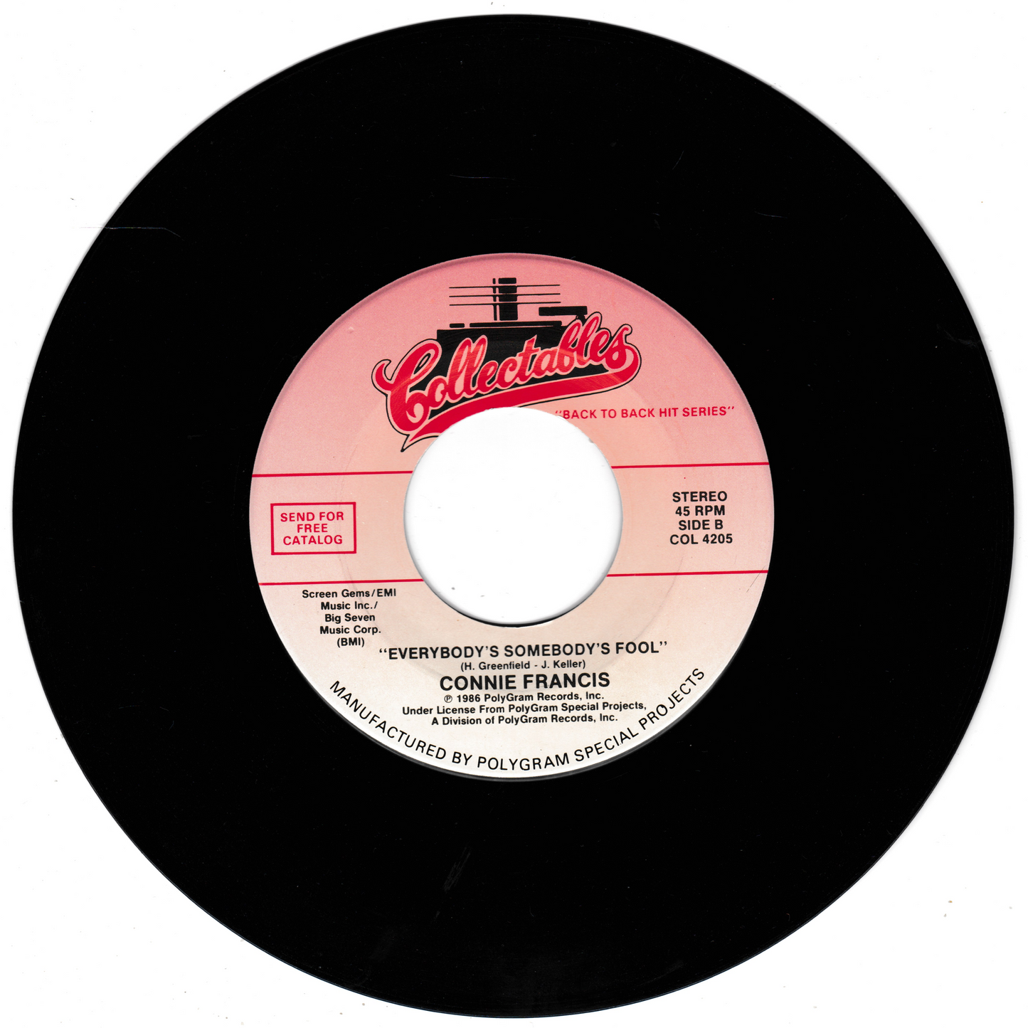 Vinyl record with a pink label featuring text and branding