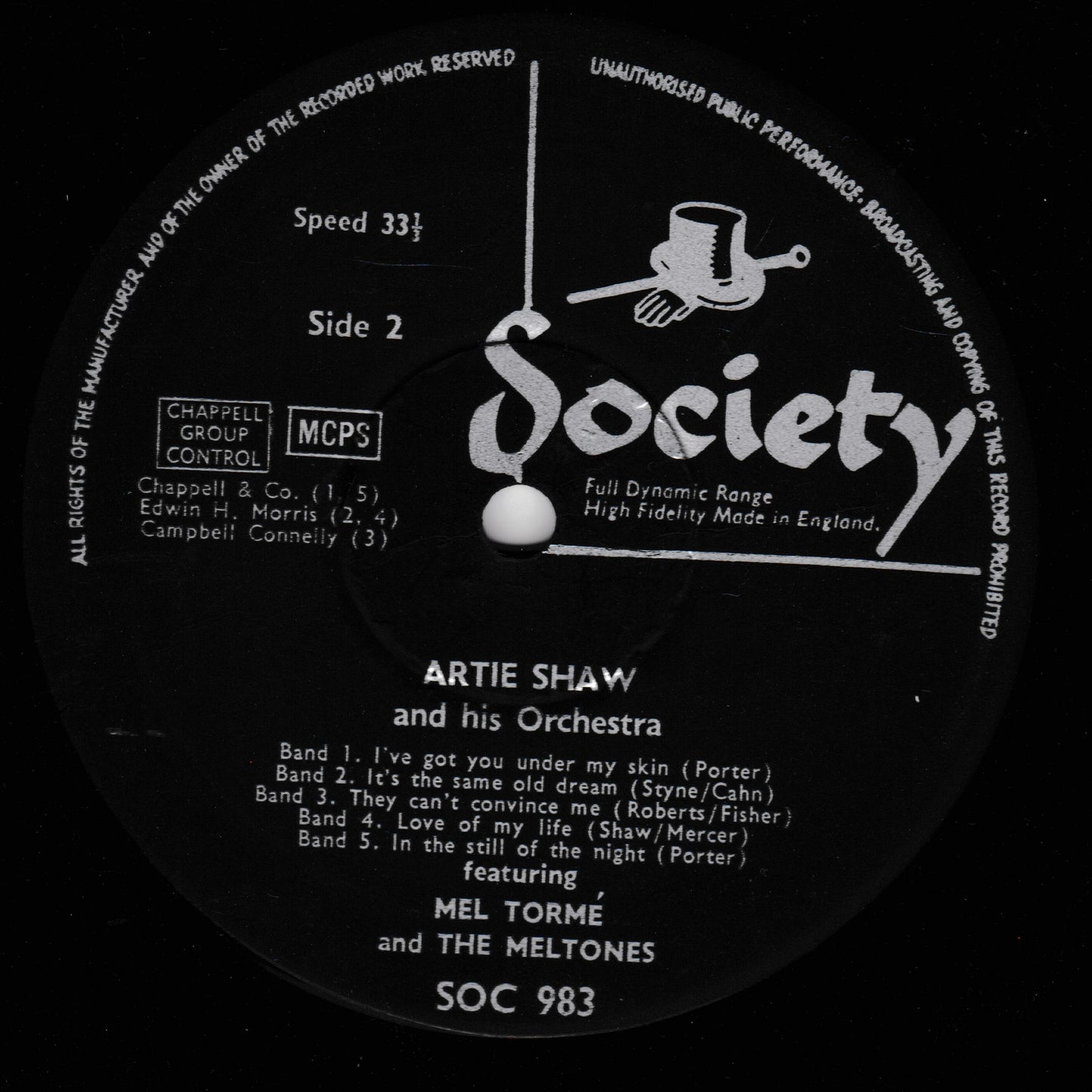 Record label from Artie Shaw and his Orchestra album on Society Records