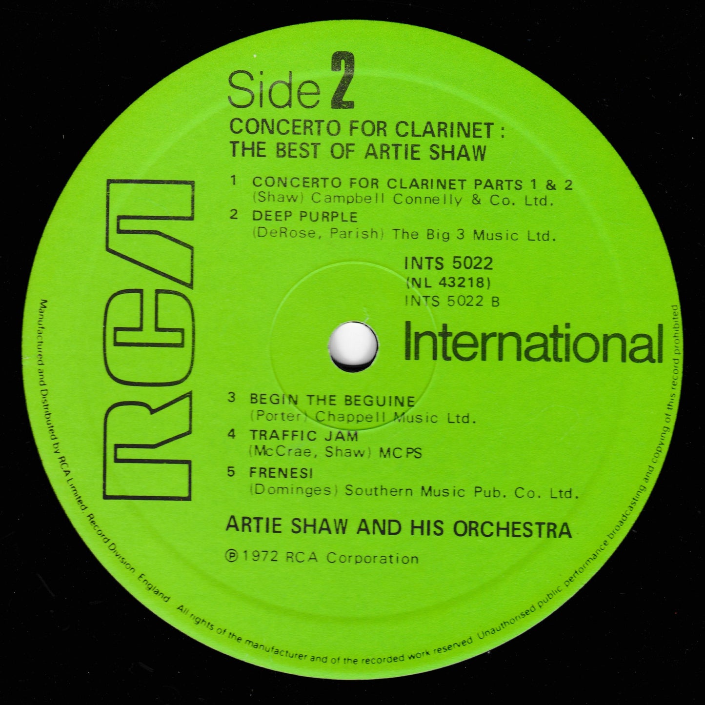 Green label of RCA International featuring Artie Shaw and his orchestra with text and music credits.