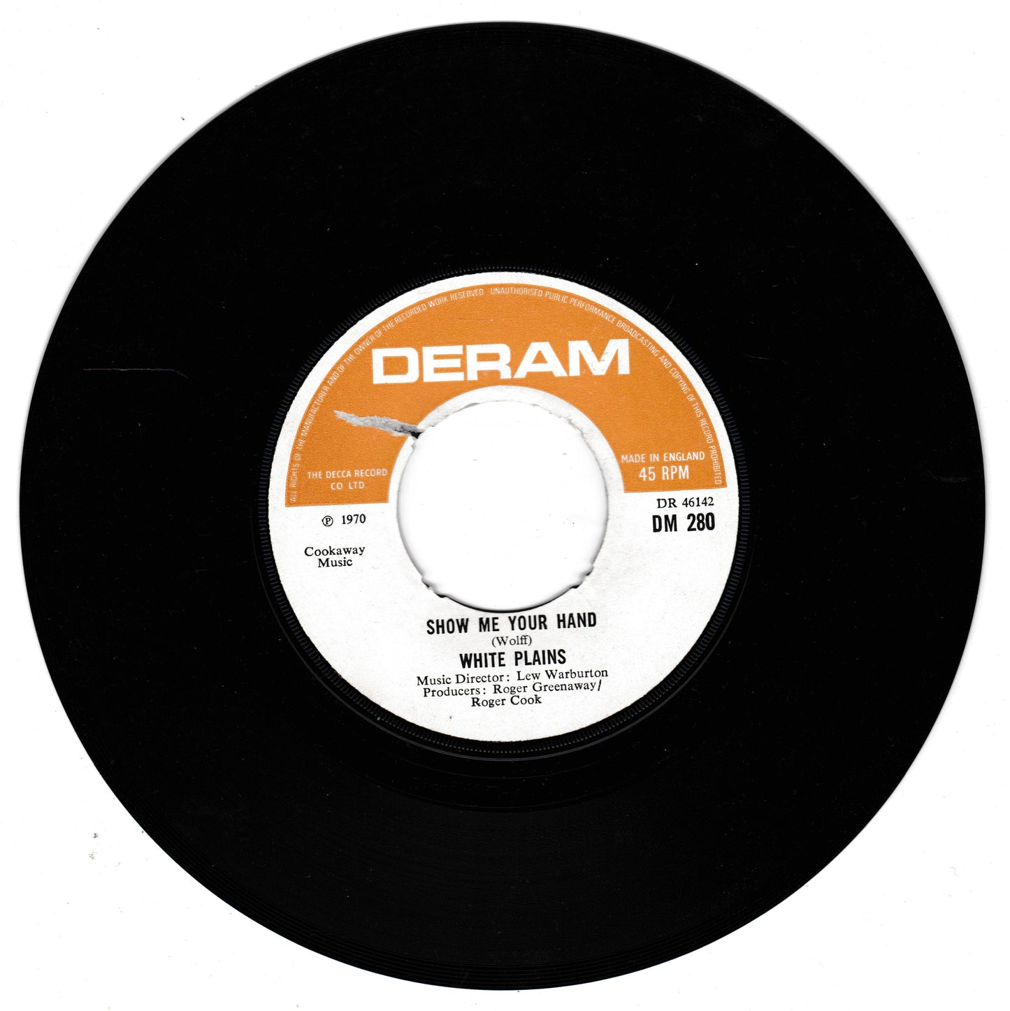Black vinyl record with a Deram label on a white background