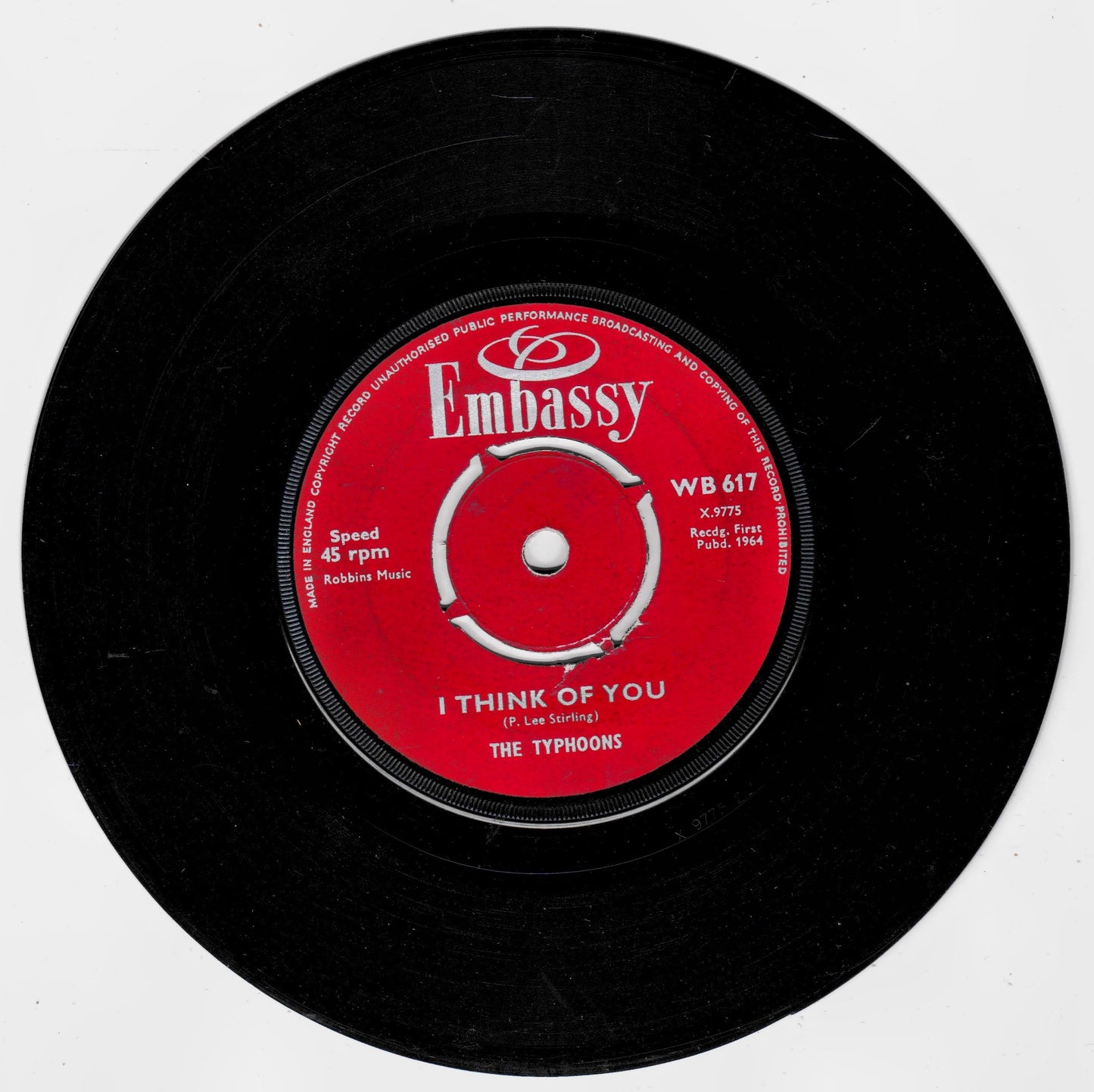 A black vinyl record with a red centre label reading 'Embassy' and 'I Think of You' by The Typhoons, photographed on a plain white background.