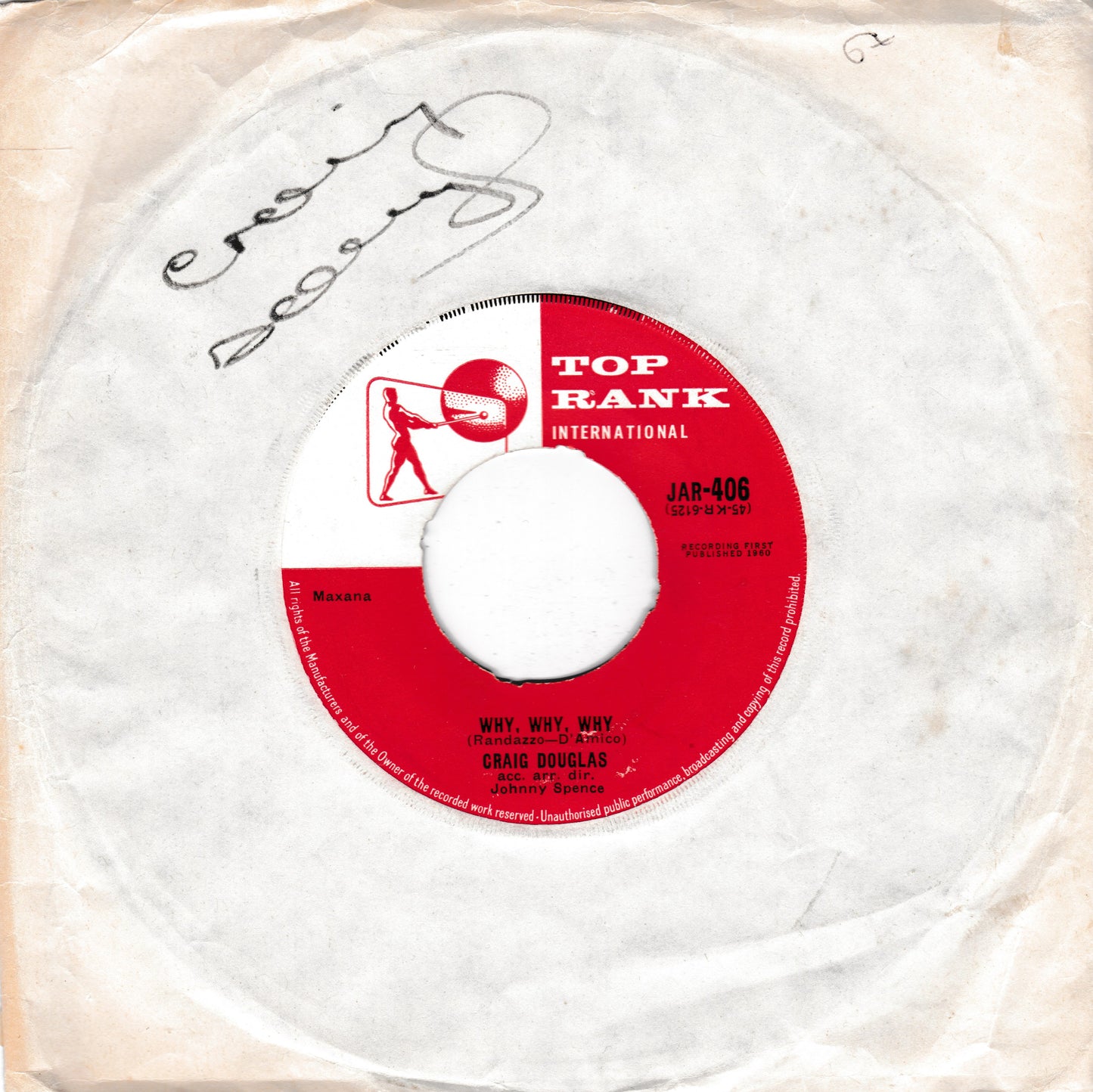 A vintage 7-inch vinyl record sleeve with a red and white Top Rank International label, featuring the song 'Why, Why, Why' by Craig Douglas. The sleeve is made of aged, off-white paper with a handwritten signature in black ink near the top.