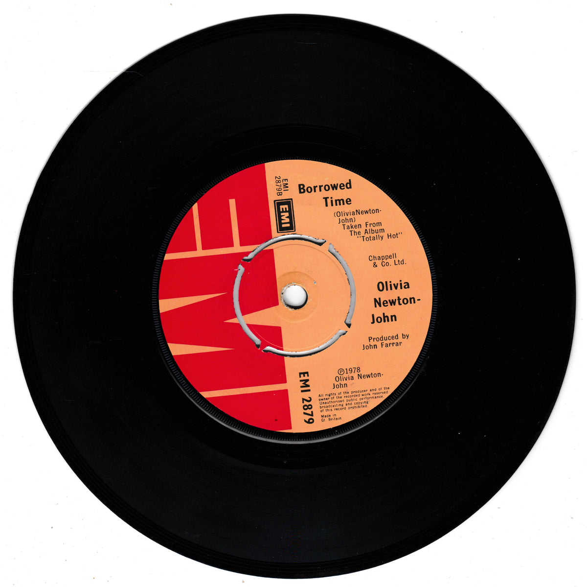A black vinyl record with a red and orange centre label for Olivia Newton-John's song 'Borrowed Time', shown on a plain white background.