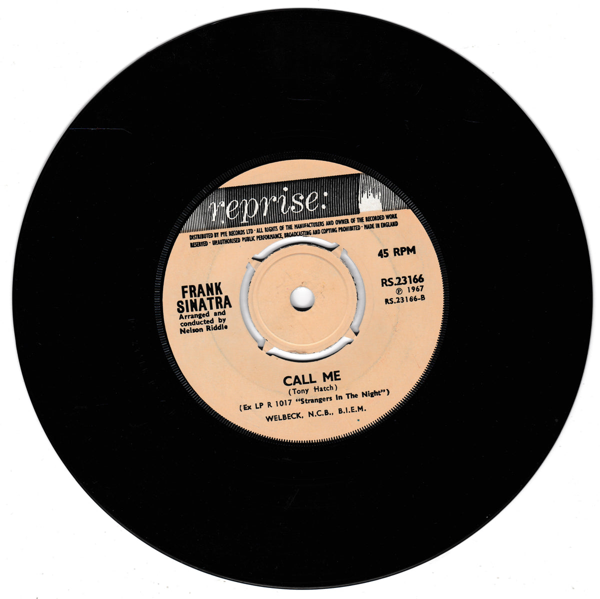 A black 45 RPM vinyl record with a beige centre label. The label features the 'reprise' logo at the top and text for 'FRANK SINATRA' and 'CALL ME (Tony Hatch)'.