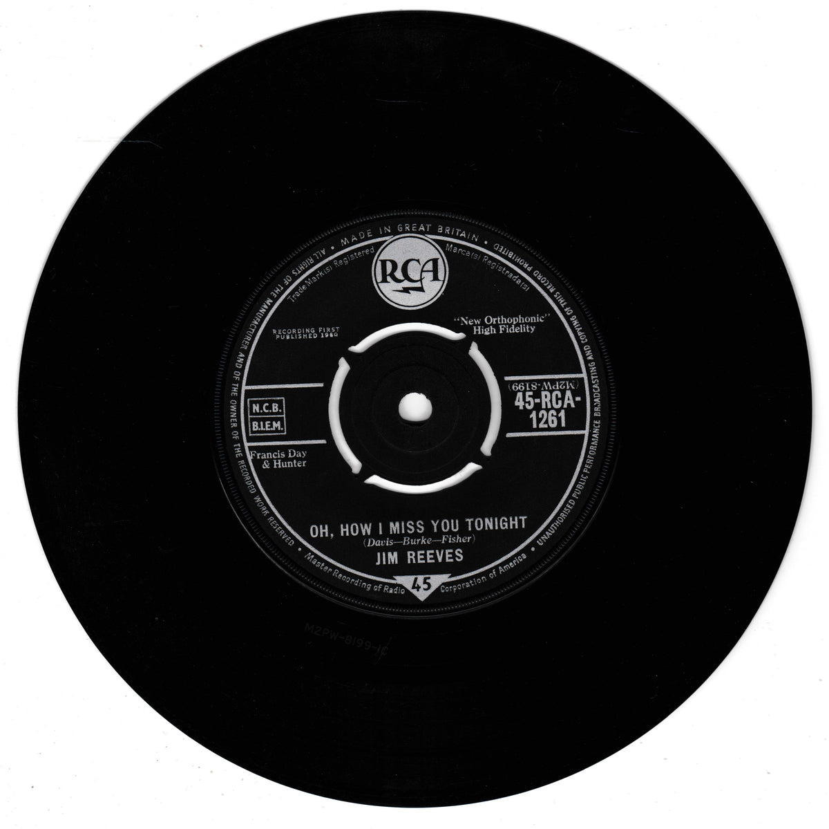 A black 45 RPM vinyl record with a white RCA label, featuring Jim Reeves' song 'Oh, How I Miss You Tonight'.
