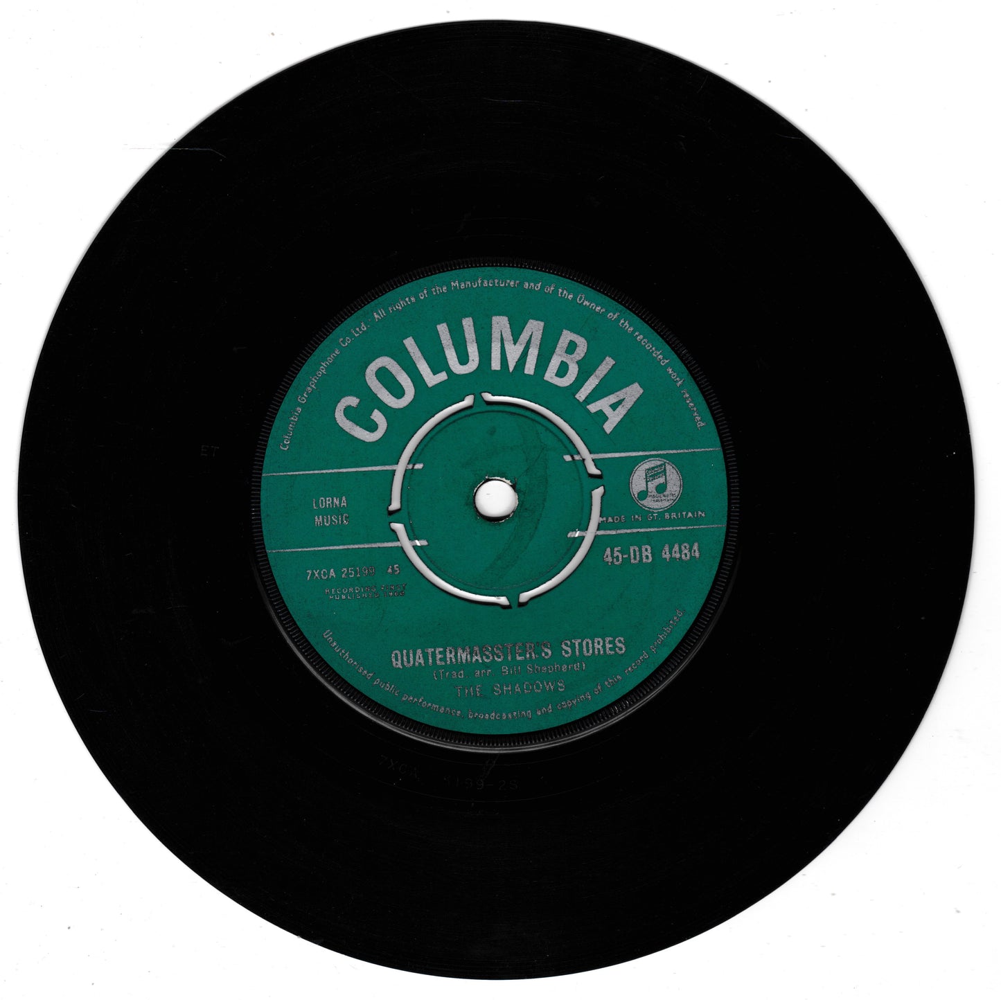A vintage black 7-inch vinyl record with a green Columbia label, featuring the text 'COLUMBIA' and 'QUATERMASTER'S STORES' in white, photographed on a white background.