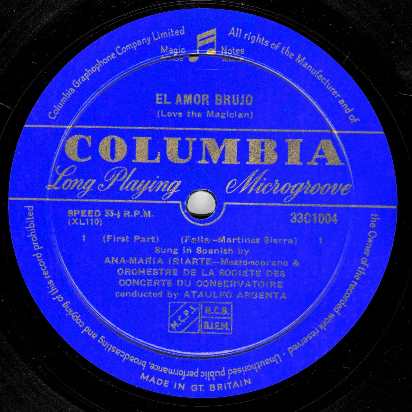 A vintage Columbia Records 10-inch vinyl record featuring the blue centre label with gold text for 'El Amor Brujo'.