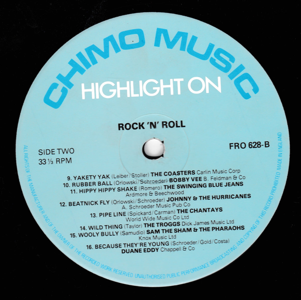 A light blue vinyl record label from Chimo Music, featuring the 'Highlight On' series and the tracklist for 'Rock 'N' Roll'.