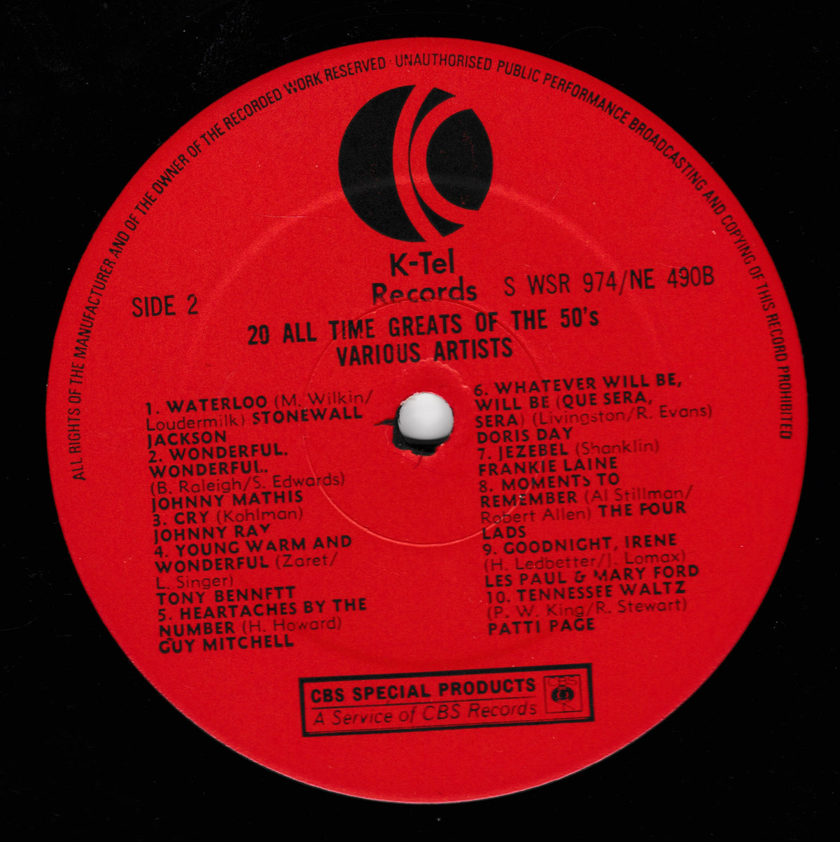 A red vinyl record label with black text and the K-Tel Records logo, showing track listings for Side 2 of a compilation album.