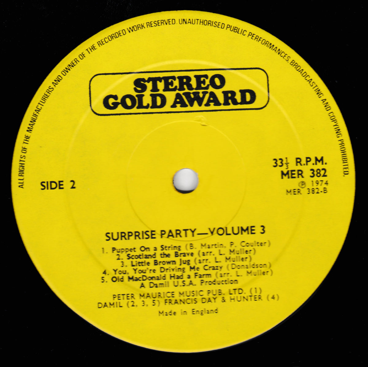 A close-up of a yellow vinyl record label for 'Stereo Gold Award' with black text and track listing details for 'Surprise Party - Volume 3'.