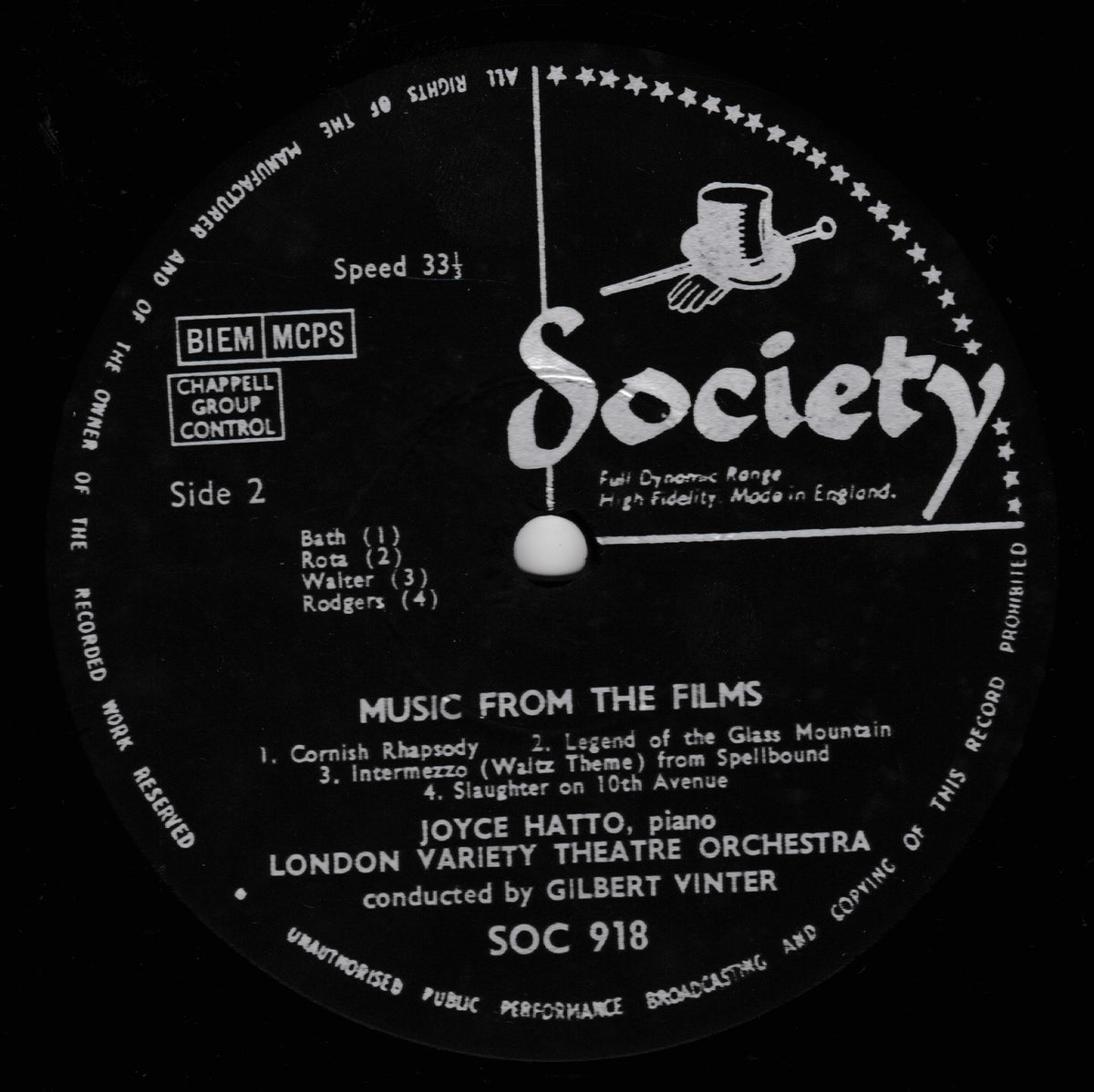 A black vinyl record label for 'Music From The Films' by Joyce Hatto and the London Variety Theatre Orchestra, released by Society Records. The black label features white text and graphics, including the prominent 'Society' logo and track listings.