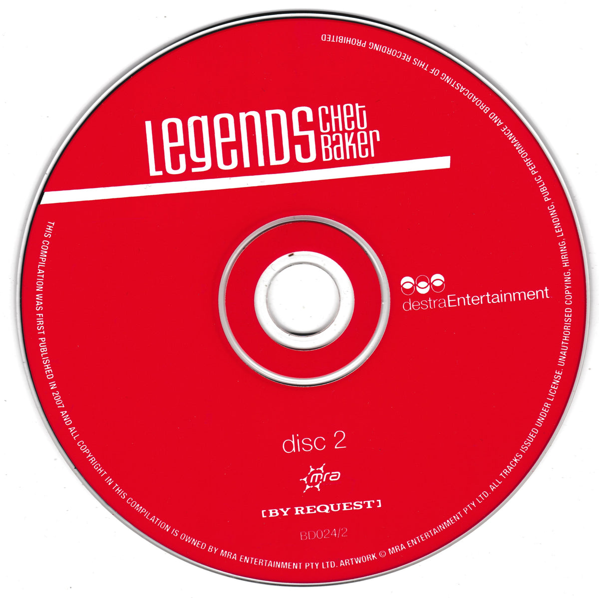 A red CD for Chet Baker's 'Legends' album, featuring white text and logos, photographed flat against a white background.