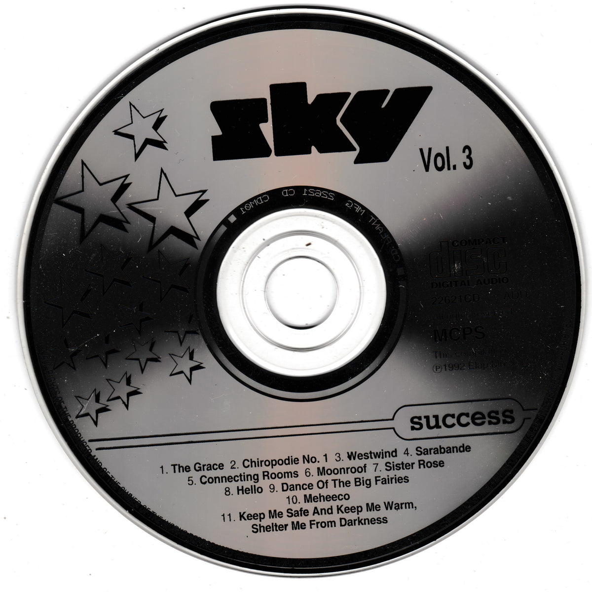 A compact disc with a black and silver label featuring the title 'sky Vol. 3' and track list for 'success', photographed on a white background.