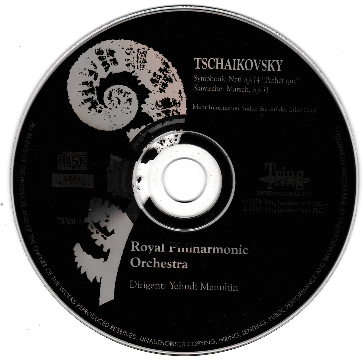 A black CD disc for Tschaikovsky's Symphony No.6 'Pathétique' performed by the Royal Philharmonic Orchestra, with white text and a stylized spiral graphic, photographed against a white background.