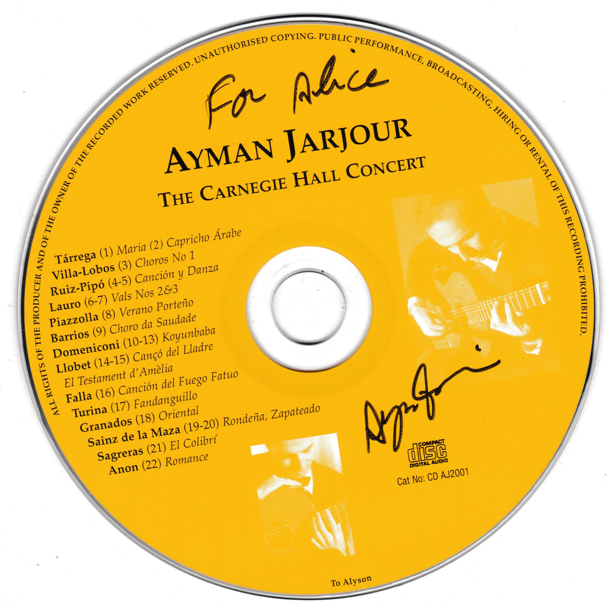 A yellow CD disc for Ayman Jarjour's Carnegie Hall Concert, featuring black text listing the songs and printed photos of the artist playing guitar and piano, with a silver reflective rim.