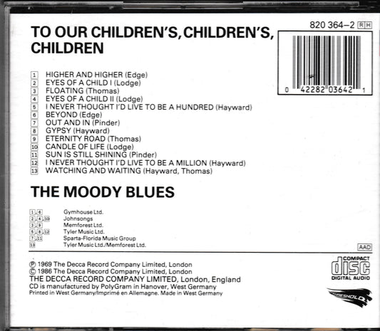 The back cover of a CD album for 'To Our Children's Children's Children' by The Moody Blues, featuring track listings, a barcode, and release details on a white background.