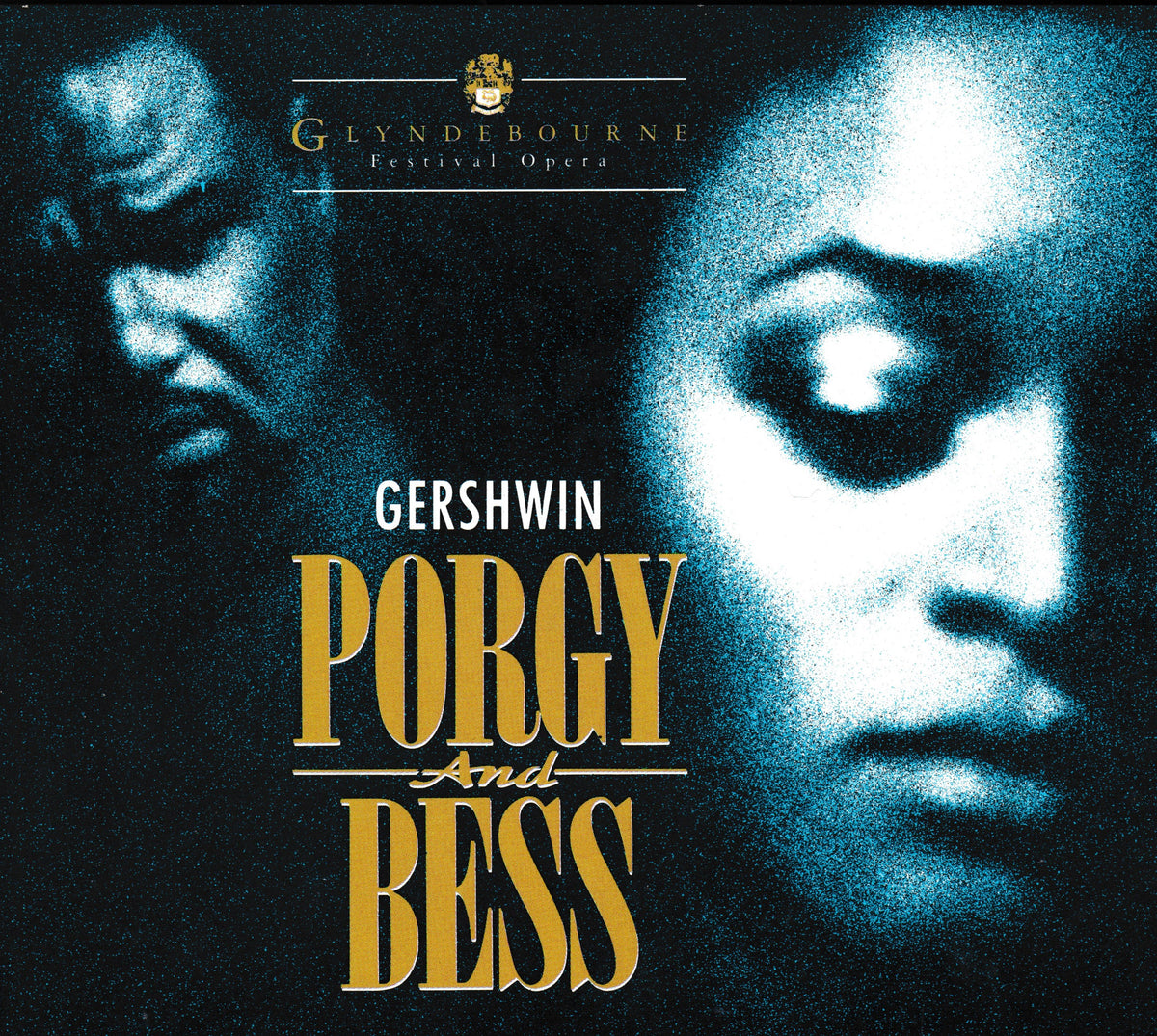 Booklet cover for Gershwin's opera 'Porgy and Bess', featuring a dark blue and black textured design with stylized faces and large gold title text.