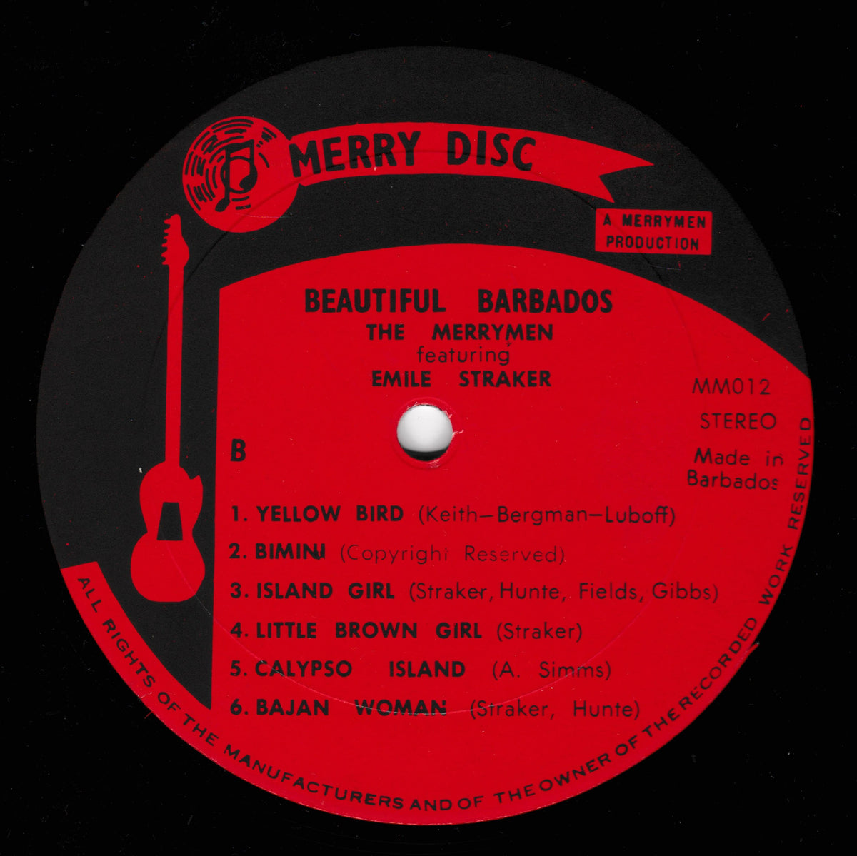 A black vinyl record label with a bright red centre label reading 'MERRY DISC' and 'BEAUTIFUL BARBADOSS' featuring Emile Straker. The label includes tracklist text and red graphic elements including a guitar silhouette.