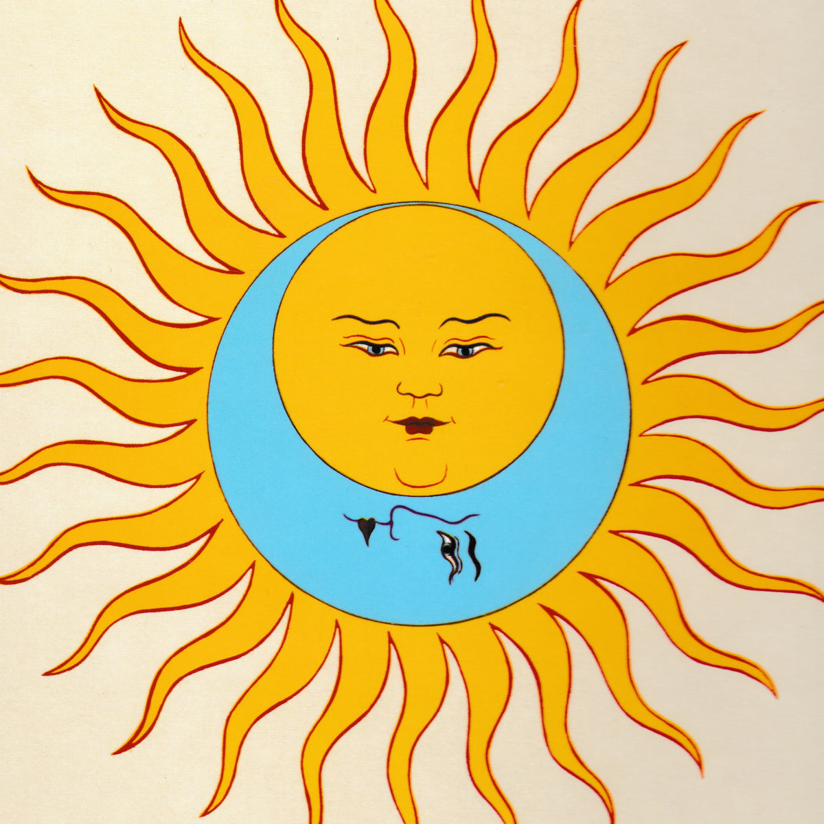 A stylized sun and moon illustration on a light cream background. The central moon has a human face, and the sun has bright yellow-orange rays outlined in red.
