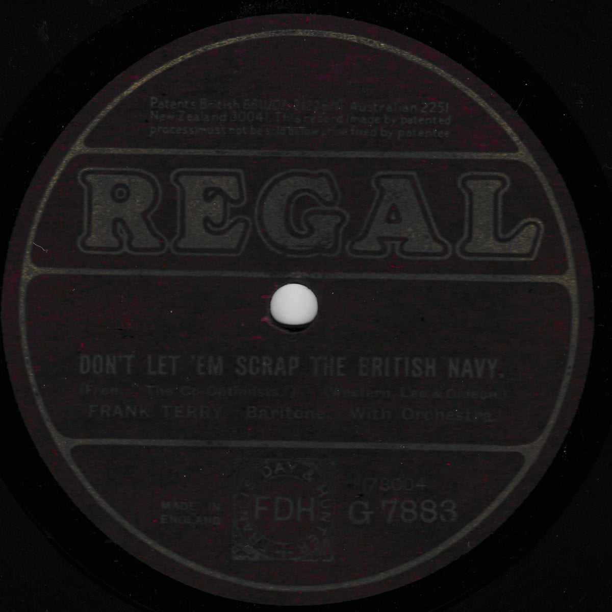 A close-up of a vintage Regal record label with the title 'Don't Let 'Em Scrap the British Navy.' and artist text for Frank Terry.