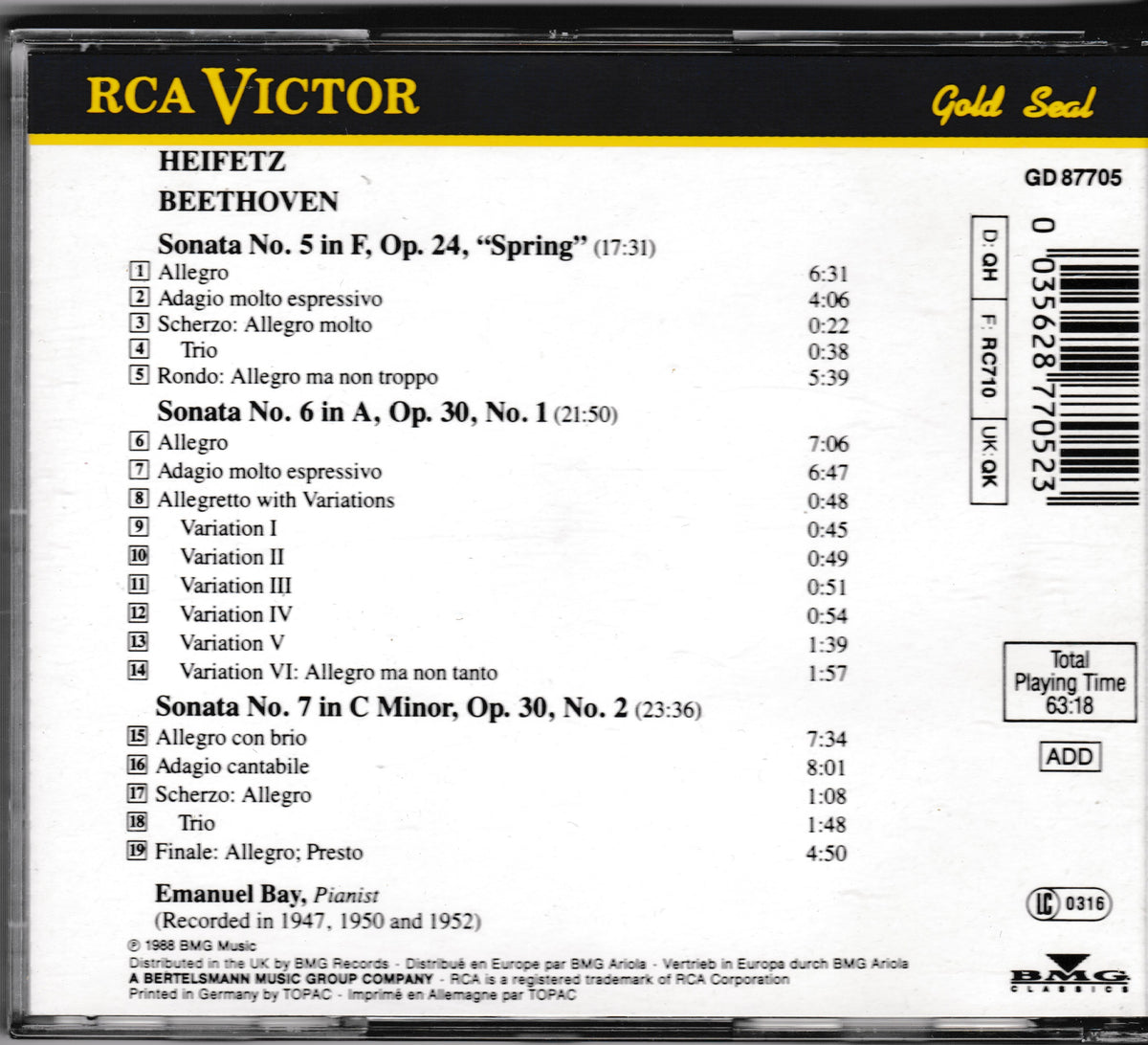 Back cover of a RCA Victor CD album featuring Beethoven's Sonata No. 5 in F.