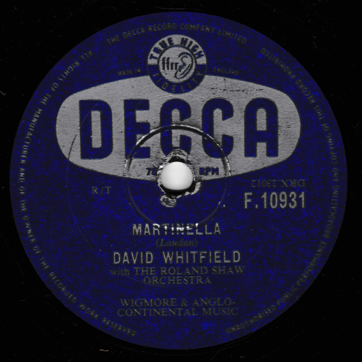 A vintage Decca 10-inch record label for David Whitfield's 'Martinella', featuring a deep blue and silver design on a black background.