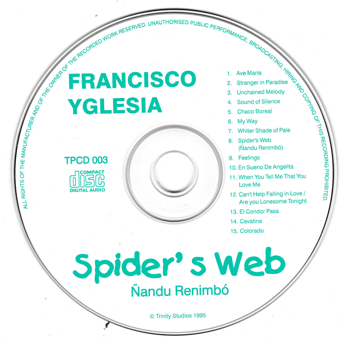 A compact disc of Francisco Yglesia's 'Spider's Web' (Nandu Remimbó), featuring a white disc with teal text and tracklist, photographed straight-on against a white background.