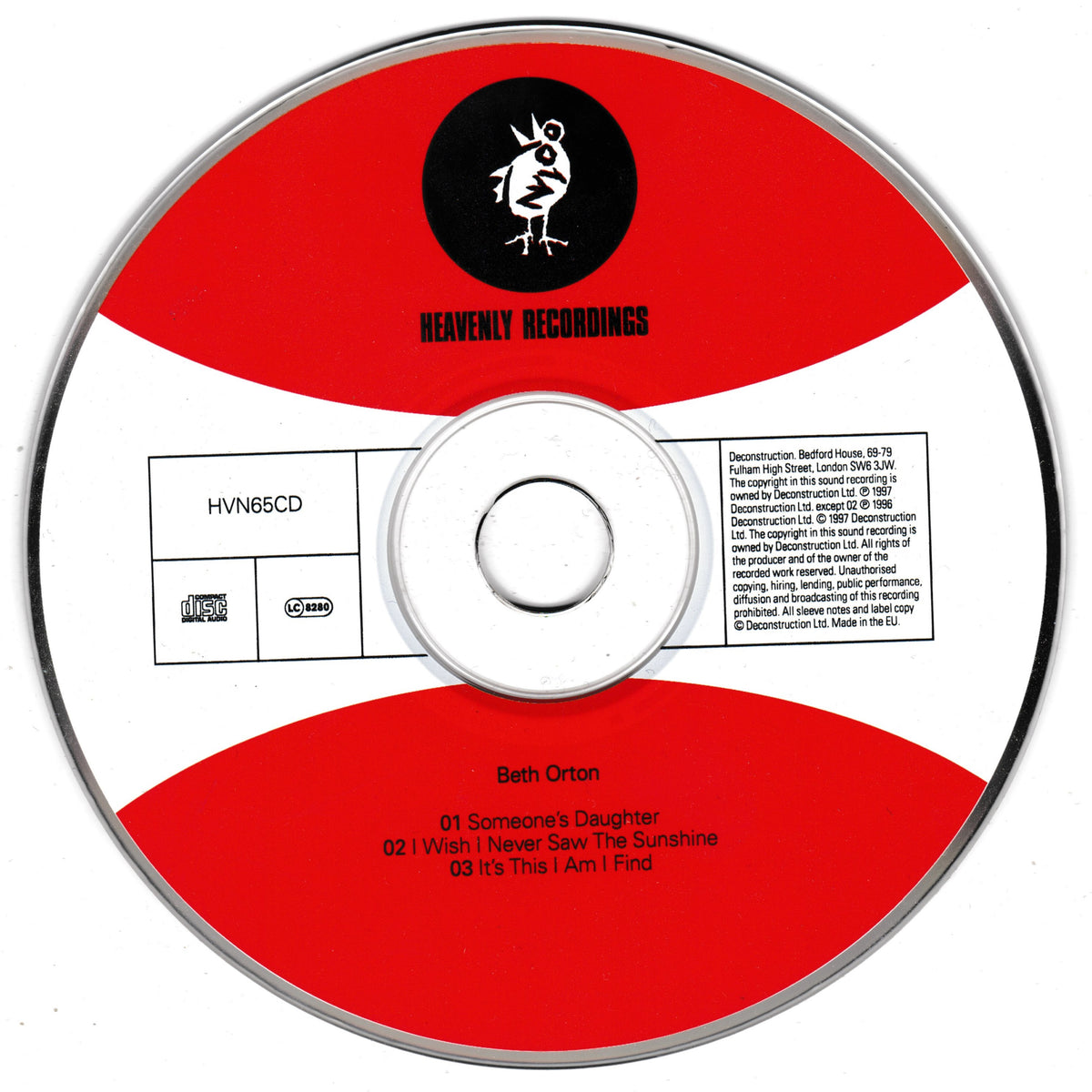 A CD disc with a red, white, and black label design. The top half is red with a black circular logo containing a white bird and the text 'HEAVENLY RECORDINGS'.