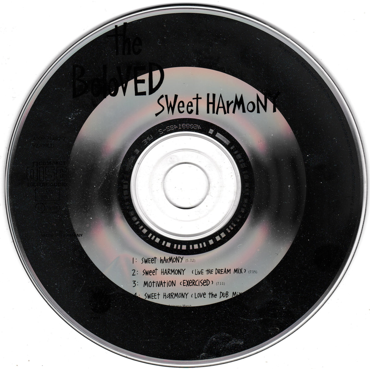 A CD single disc for 'The Beloved Sweet Harmony' featuring the tracklist on a white background.
