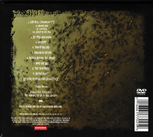 Back cover of a DVD music release showing a dark textured olive-green background with white track listing text, a DVD Video logo, and a barcode on the right.