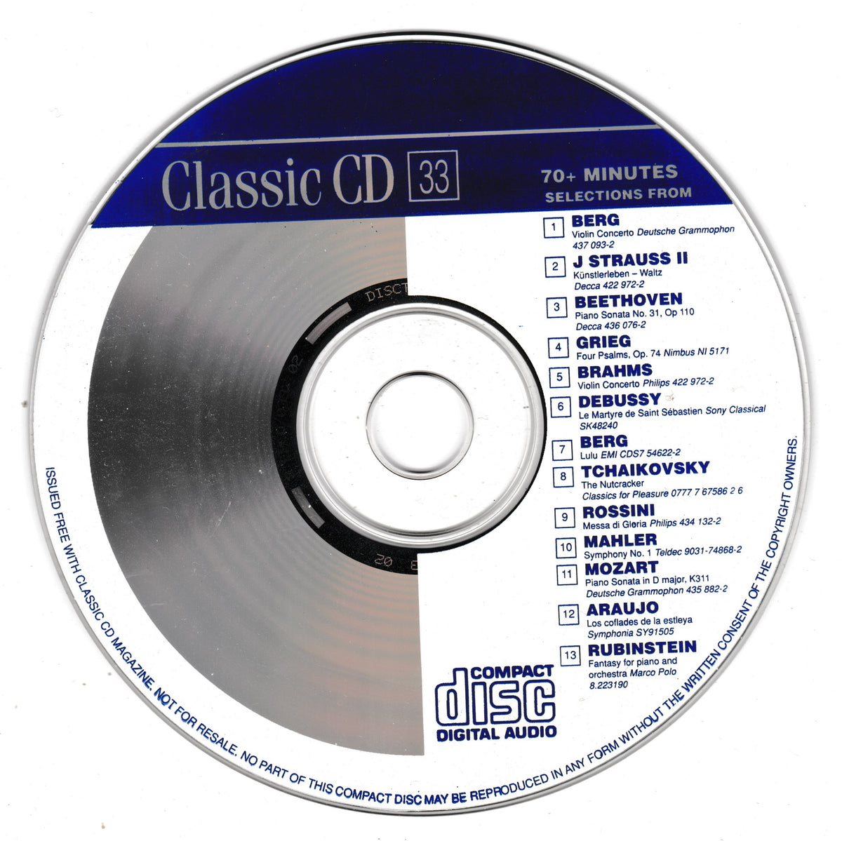 A silver and blue Classic CD 33 compact disc with a printed tracklist for 70+ minutes of classical music selections, photographed on a white background.