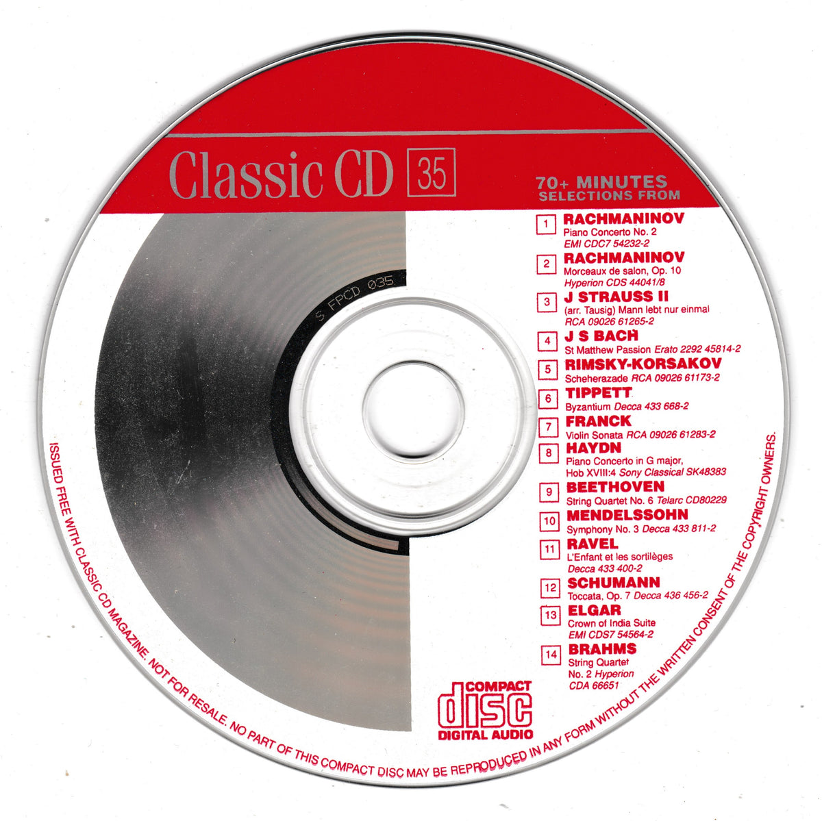 A silver and red Classic CD with a printed tracklist on the right side, photographed on a white background.
